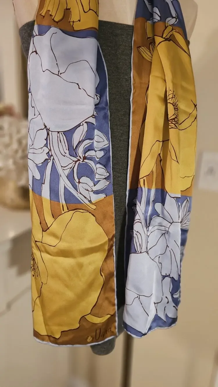 Vera Neumann Vintage 100% Silk Scarf Hand Rolled Mod Floral Yellow Blue 65